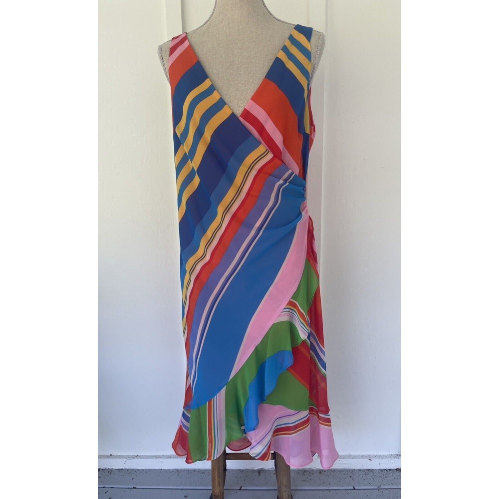 Lauren Black Label Size 8 Criss Cross Faux Wrap Poly Chiffon Stripe Dress
